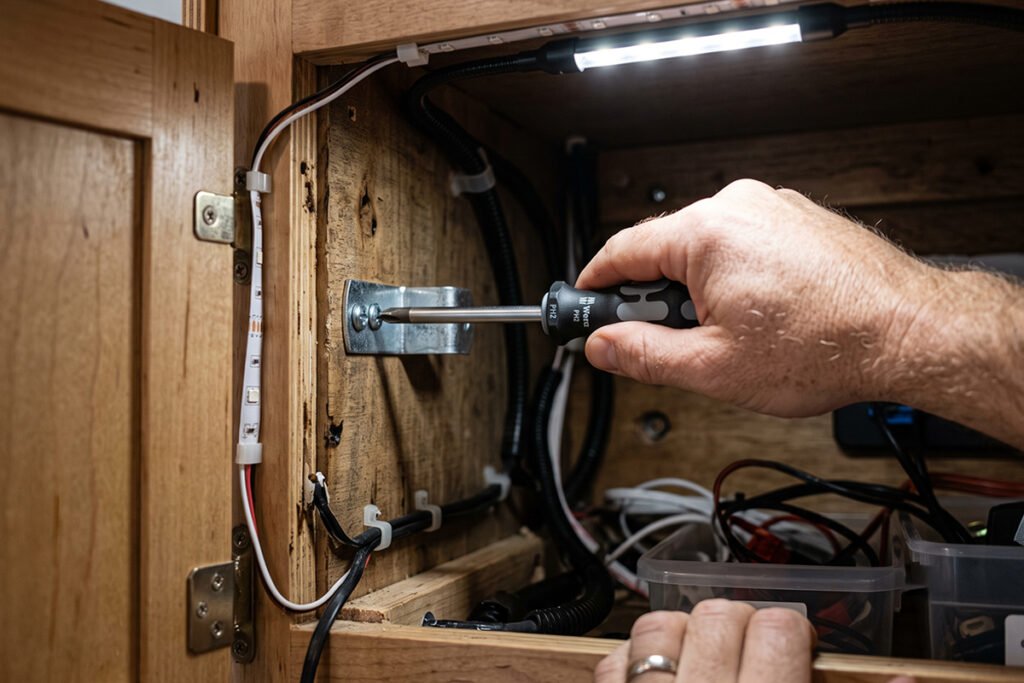 Spring-loaded concealed cabinet hinge installed on the interior face of an RV door
