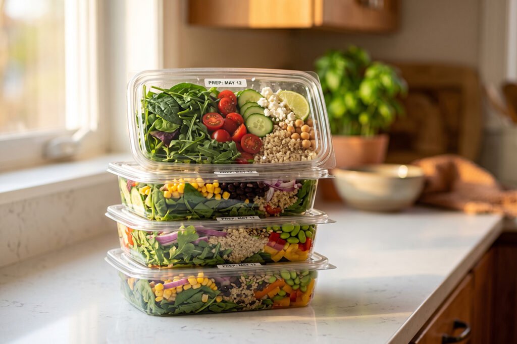 Stack of BPA-free plastic meal prep containers filled with fresh salads and vegetables.