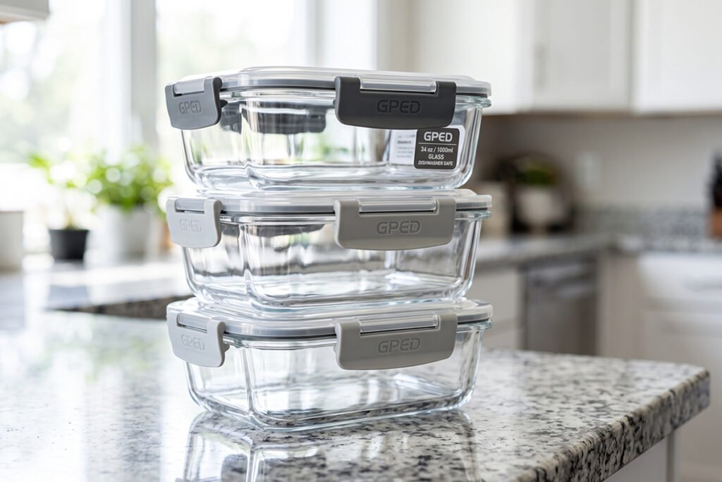 Stack of GPED 34 oz rectangular glass containers showcasing clear locking lids