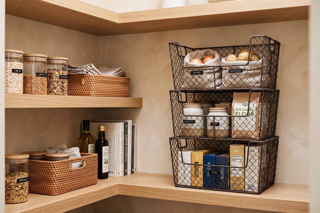 Stackable baskets arranged neatly in an L-shaped corner pantry shelf