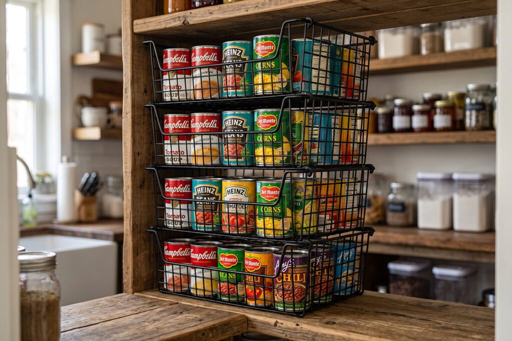 Stackable black metal wire baskets filled with canned goods stacked vertical