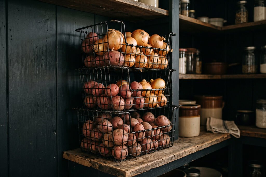 Stackable wire baskets positioned in a dark