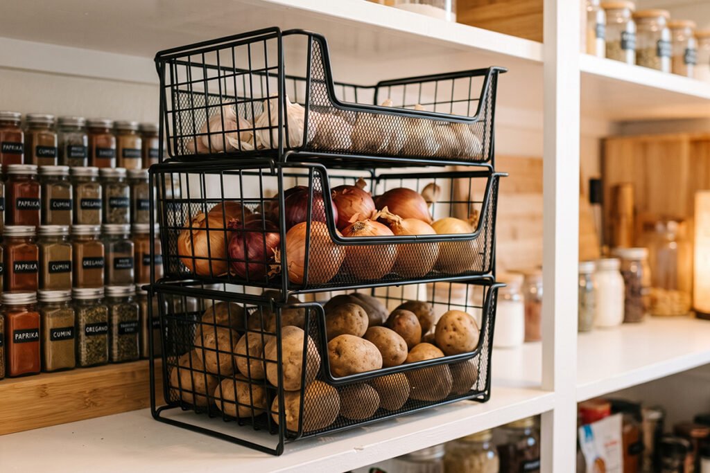 Stackable wire baskets stacked three tiers high in a clean kitchen pantry setting.