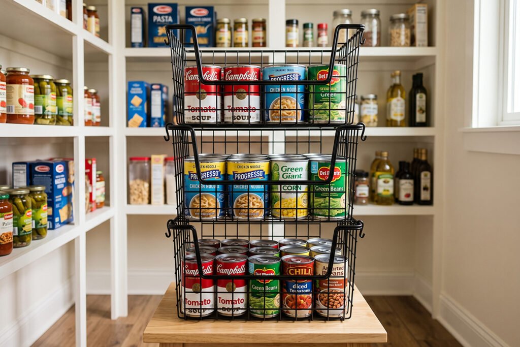 Stackable wire storage baskets stacked three tiers high with canned goods inside