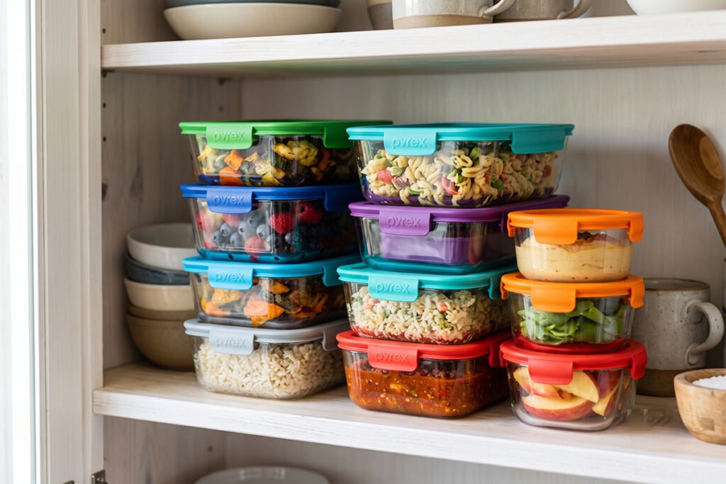 Stacked Pyrex glass food containers with silicone lids neatly arranged