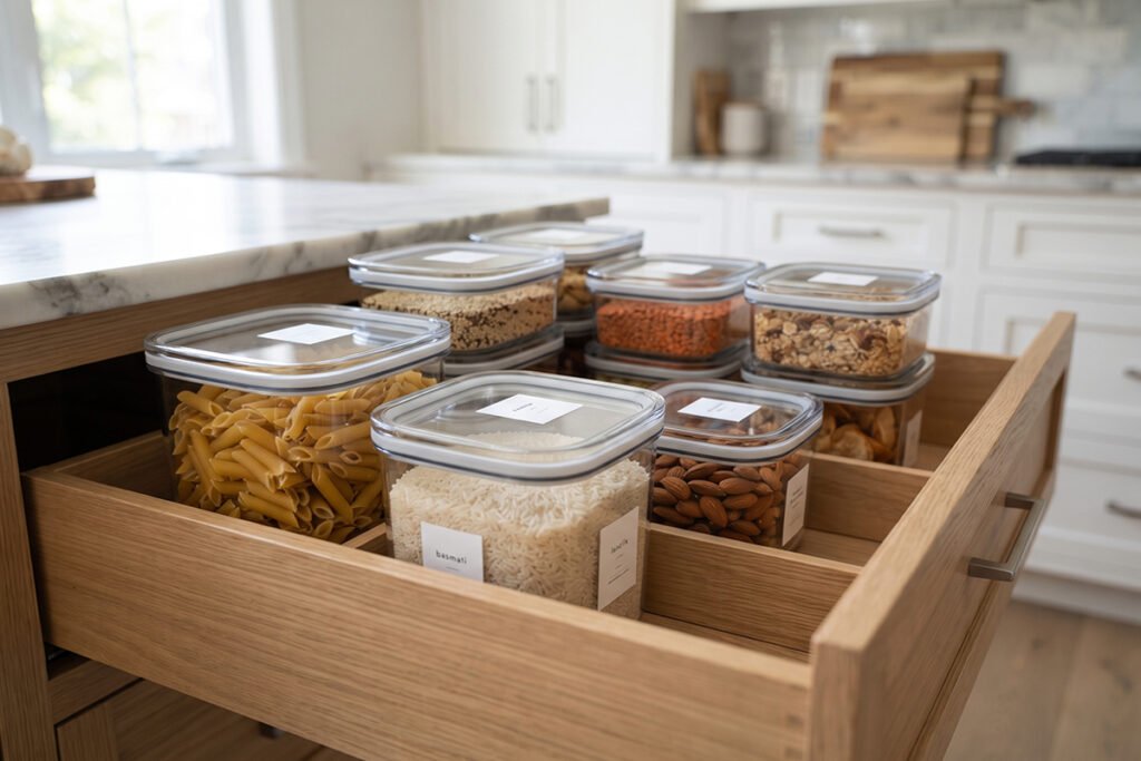 Stacked airtight stainless steel pantry containers with clear lids inside a deep drawer