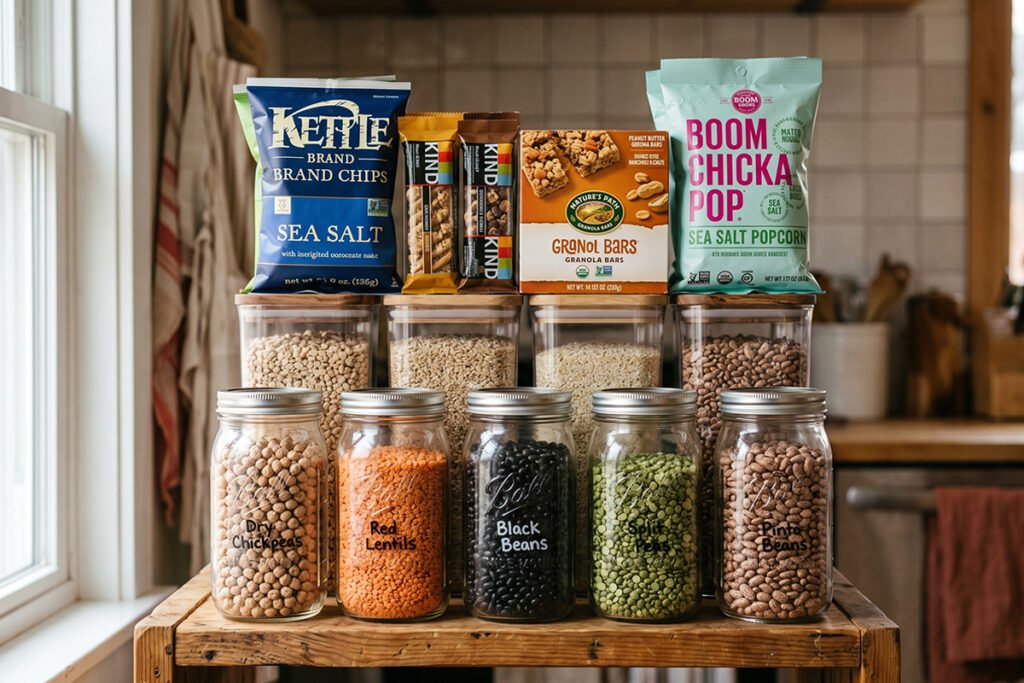 Stacked containers with heavy jars at the bottom and lightweight snacks on top