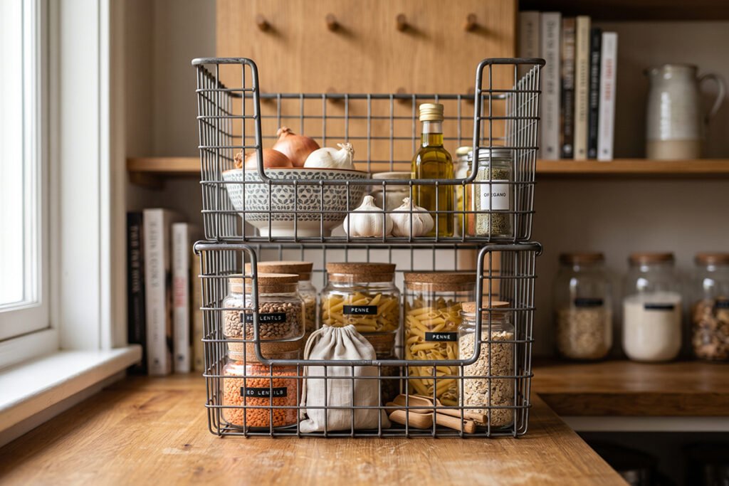 Stacked open-front baskets showing vertical alignment on a pantry shelf