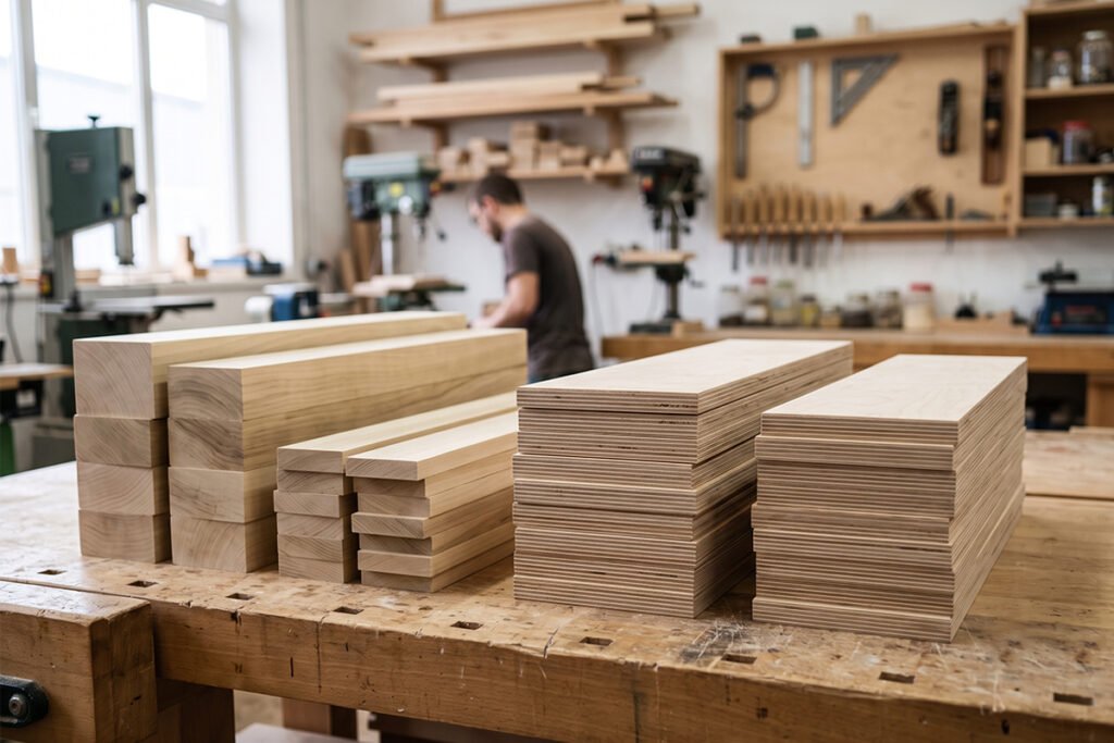 Stacked poplar and craft plywood boards cut to various lengths