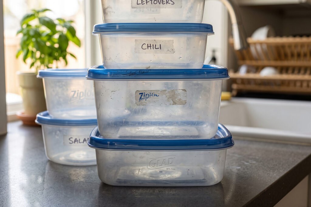 Stacked reusable plastic food containers displaying subtle surface wear, micro-scratc