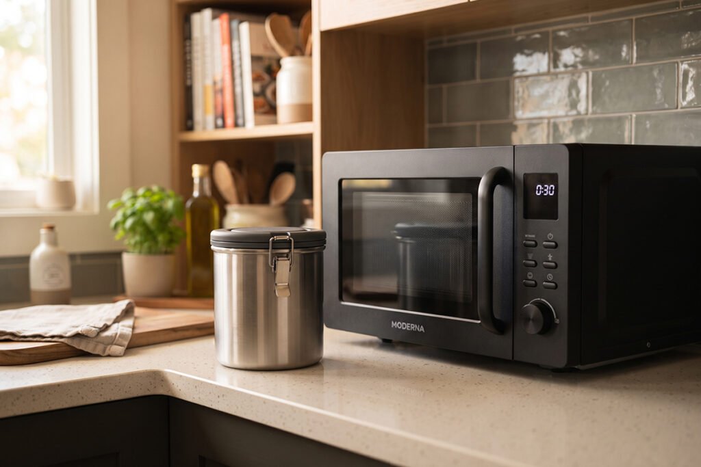 Stainless steel container resting next to a microwave in a modern home kitchen