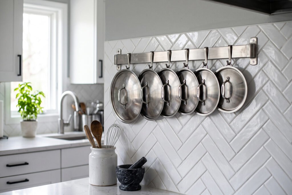 Stainless steel wall-mounted rail hanging pot lids neatly above a tile backsplash