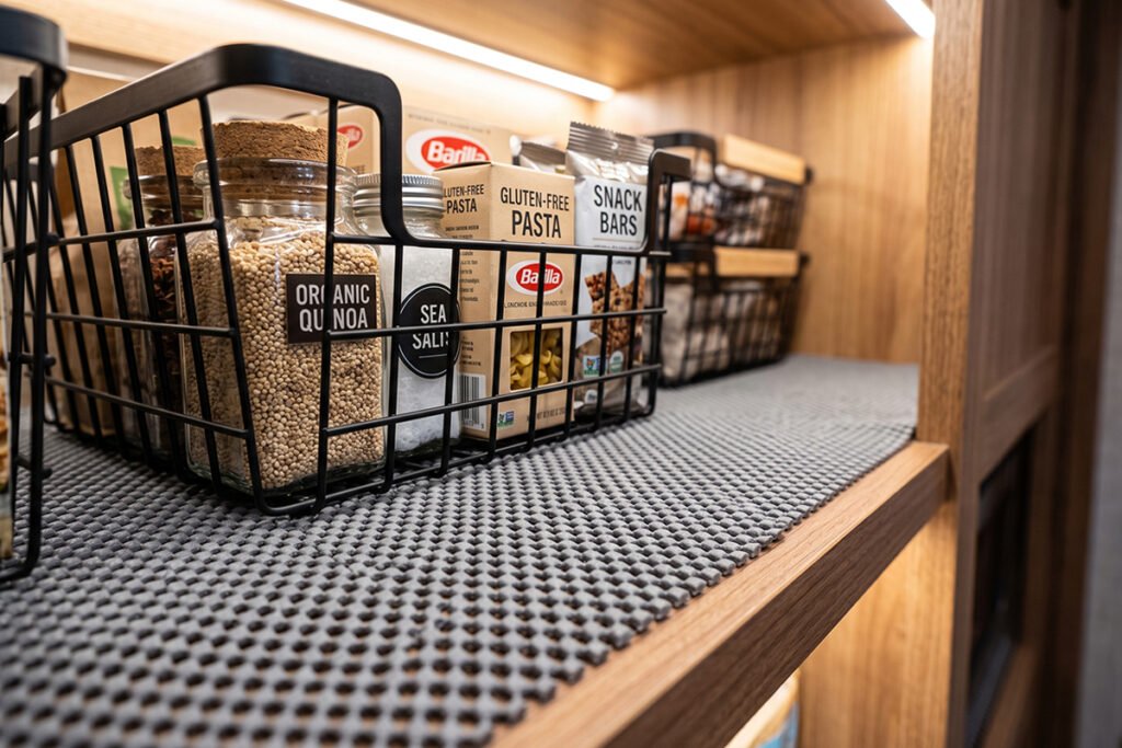 Step-by-step assembly showing someone measuring RV pantry shelves and inserting plastic storage containers