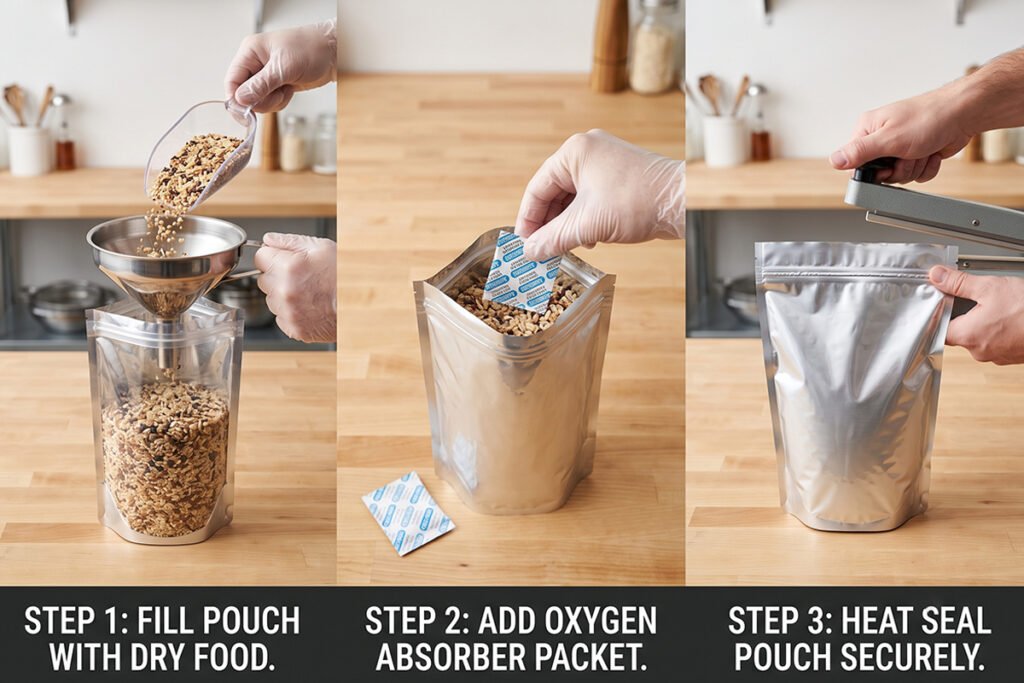 Step-by-step instructional visual showing dry food loading, oxygen absorber placement