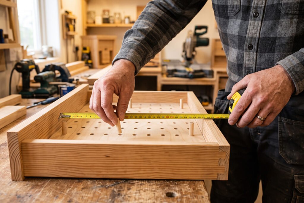 Step-by-step process showing someone measuring a drawer and inserting wooden pegs into a pegboard