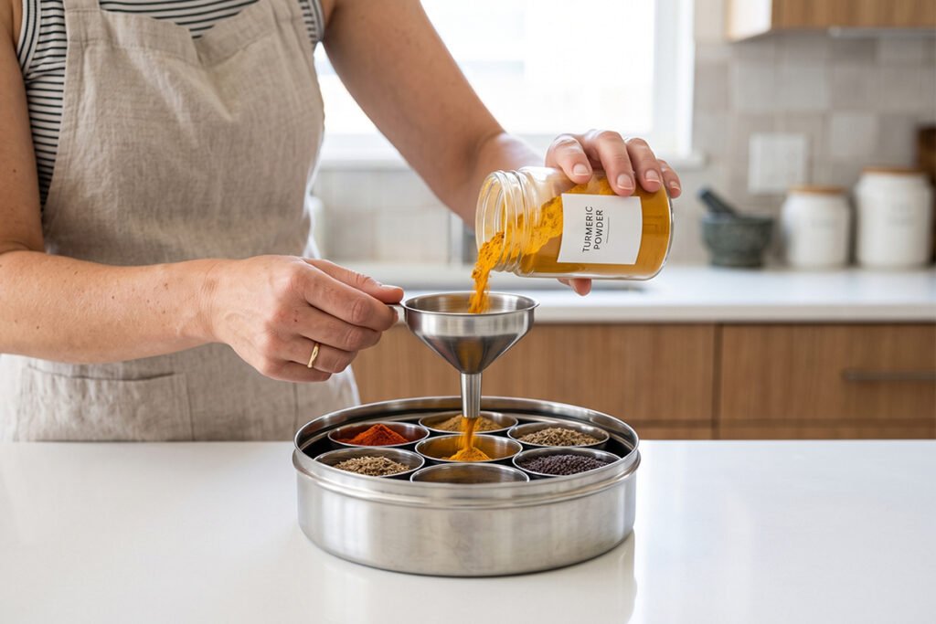Step by step visual guide showing clean spice refilling process using a small funnel