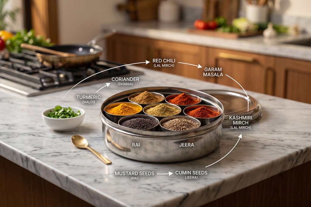 Strategic layout diagram showing spice arrangement based on cooking order