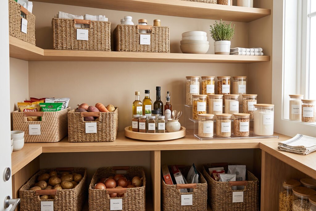 Stylish kitchen pantry showcasing a combination of baskets