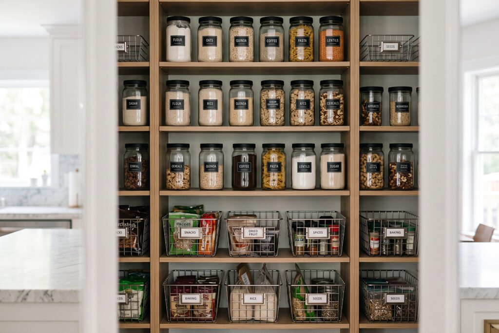 Stylish modern pantry showcasing labeled steel baskets and clear container organization