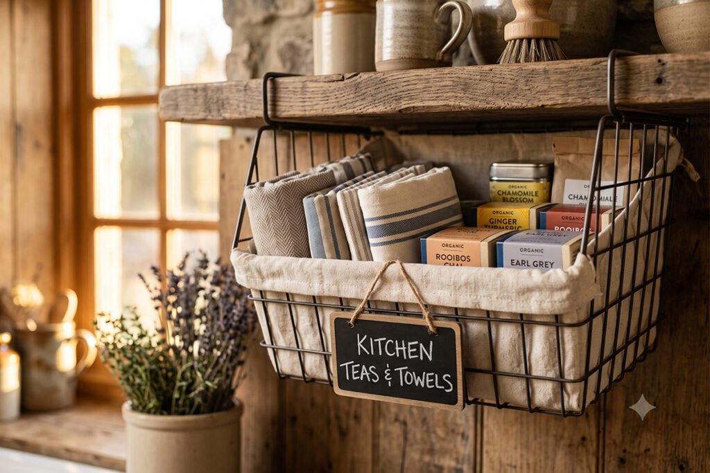 Stylishly decorated wire basket with fabric liner and rustic label
