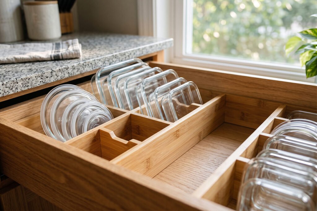 Sustainable bamboo drawer divider set organizing clear glass food lids