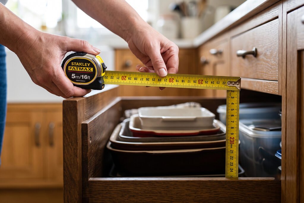 Tape measure checking the vertical depth of an open kitchen pull-out drawer