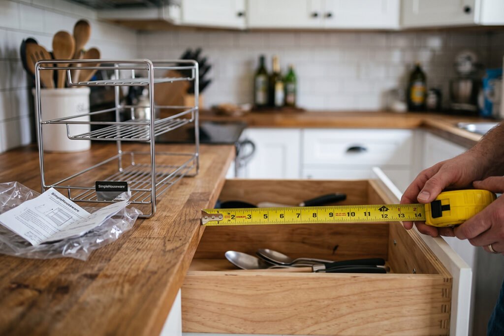 Tape measure evaluating internal drawer dimensions alongside an unboxed organizer rack