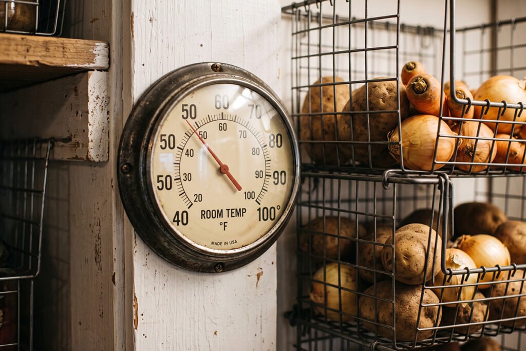 Temperature thermometer showing cool pantry storage conditions next to wire produce bins.