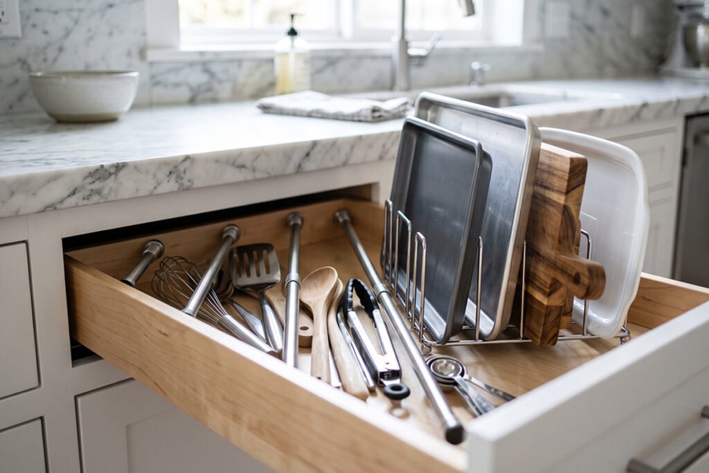 Tension rod divider system and a wire rack organizer placed inside a narrow kitchen drawer