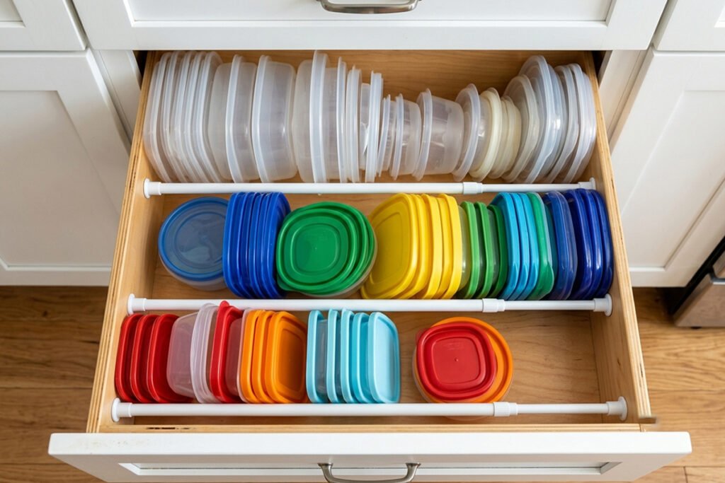 Tension rods installed inside a cabinet drawer separating plastic container lids into organized rows