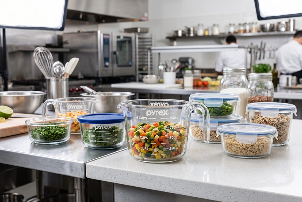 Test kitchen counter displaying Pyrex and Snapware glass storage containers with measuring marks