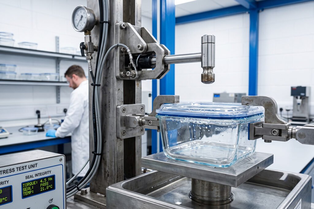 Test kitchen lab setting evaluating glass container seal tightness and drop durability