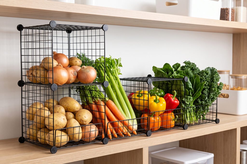 The Prep & Savour 4-pack wire organizer set displayed on a wide pantry shelf.