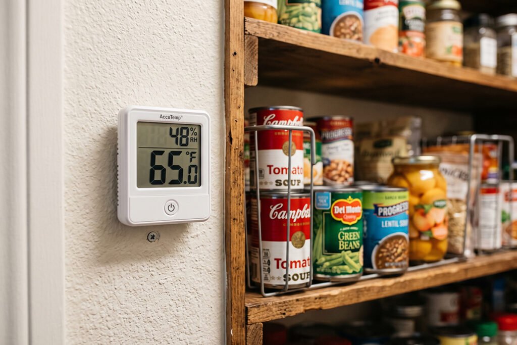 Thermometer placed near pantry shelves showing an ideal cool storage temperature