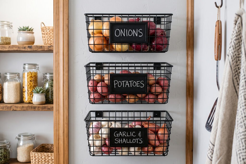 Three wall-mounted wire produce bins installed vertically on a pantry wall with chalkboard labels.