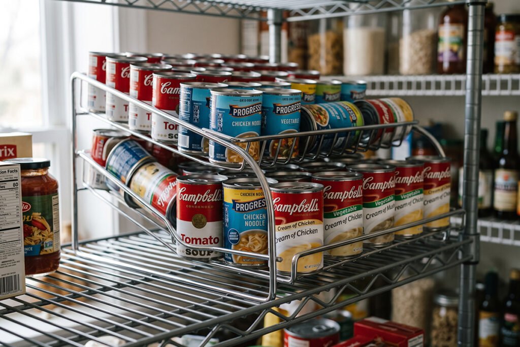 Tiered gravity can dispenser loaded with soup cans on a pantry wire rack