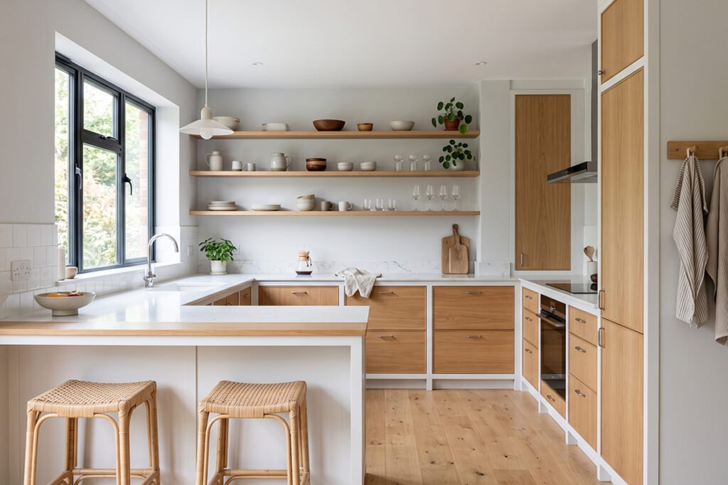 Timeless white and light wood kitchen featuring clean cabinet shelves and neutral accents