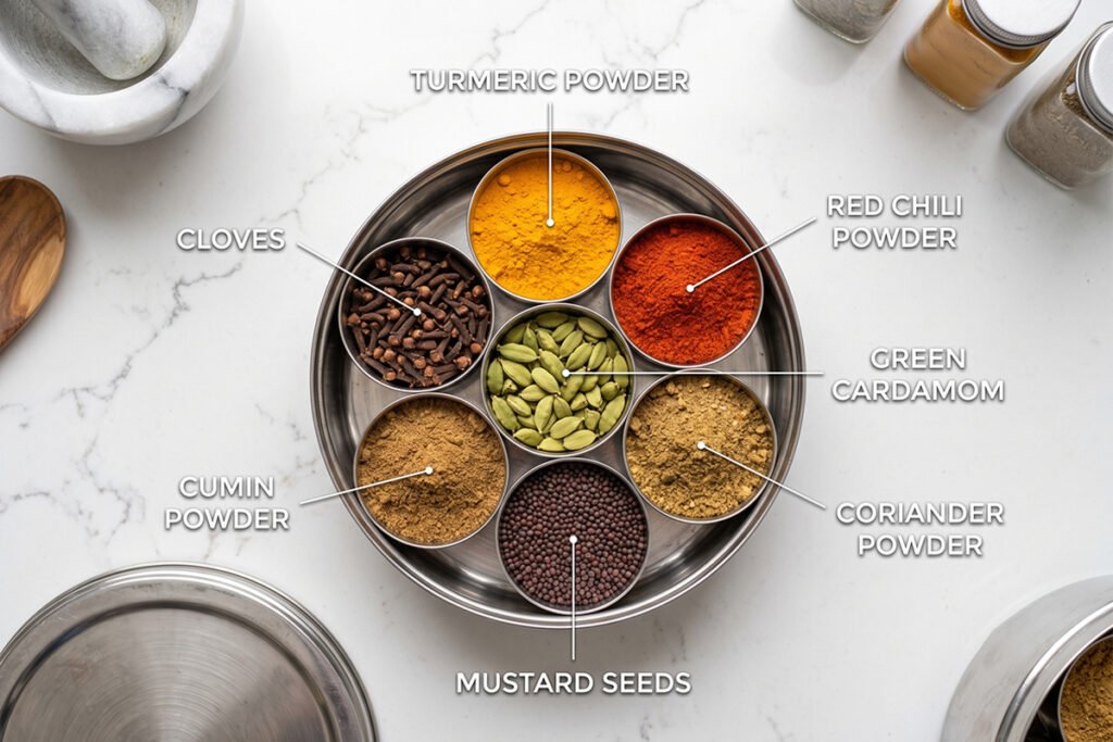 Top down diagram illustrating an organized circular masala dabba layout with labeled spice cups