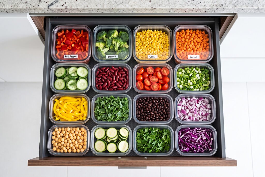 Top-down view of clear flat-top food storage containers filled with colorful ingredients in a pull-out drawer.