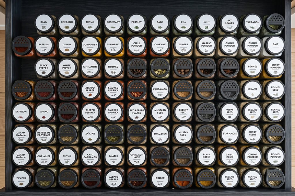 Top-down view of square glass spice jars with labeled shaker tops arranged in neat_