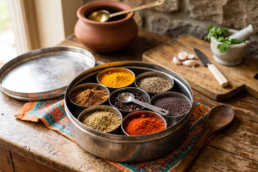Traditional Indian stainless steel masala dabba spice box filled with seven colorful whole and ground spices