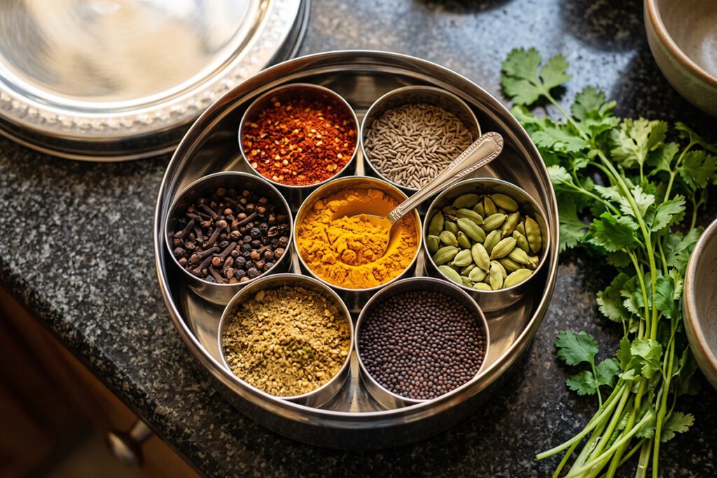 Traditional round stainless steel Masala Dabba opened to reveal colorful Indian spi