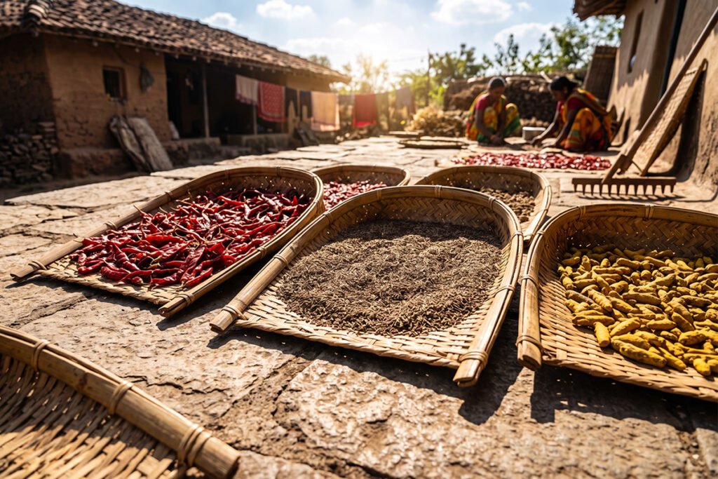 Traditional sun drying of whole spices on large trays outdoors in bright sunlight
