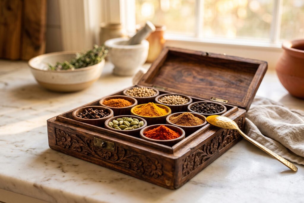 Traditional wooden Masala Dabba spice box open on a kitchen counter displaying c