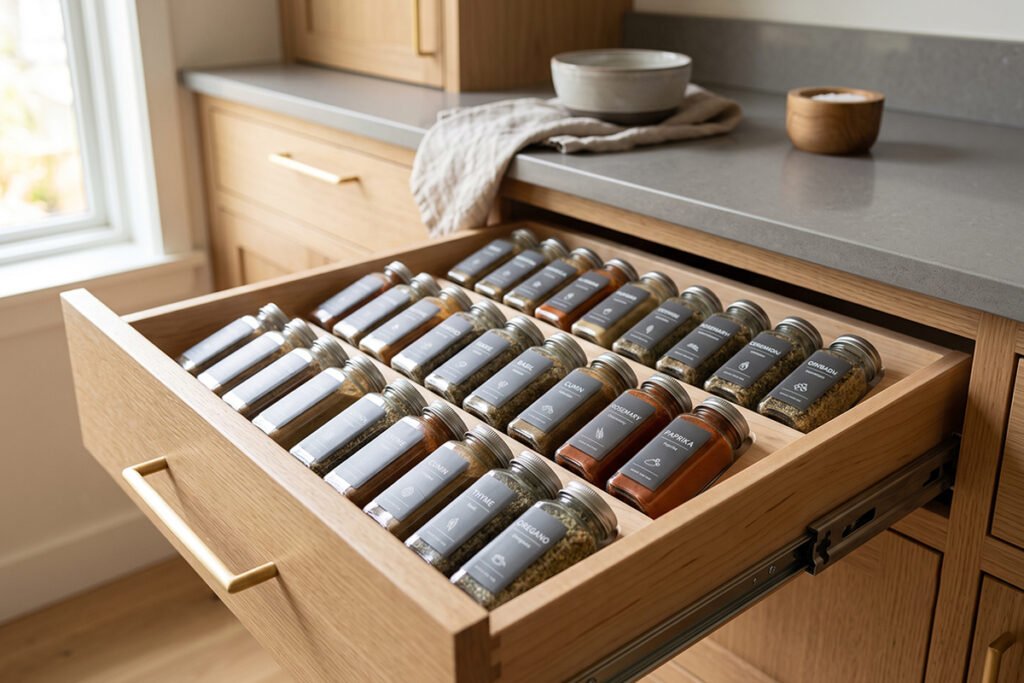 Trimmable Rev-A-Shelf maple wood spice drawer insert fitted custom inside a cabi
