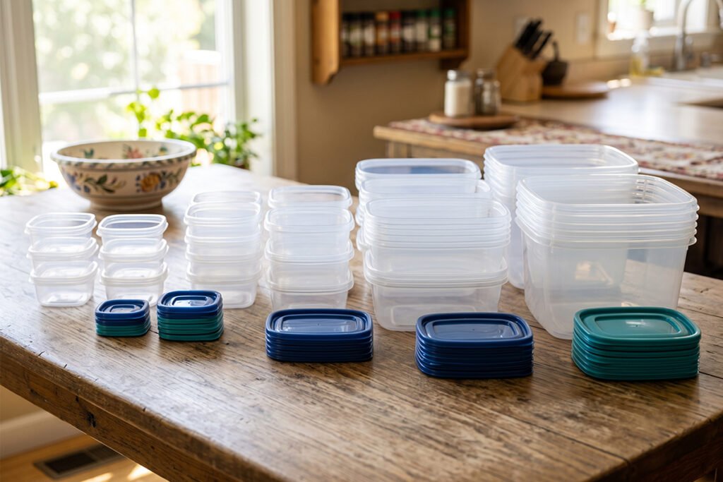 Tupperware items sorted cleanly into distinct groups on a flat table