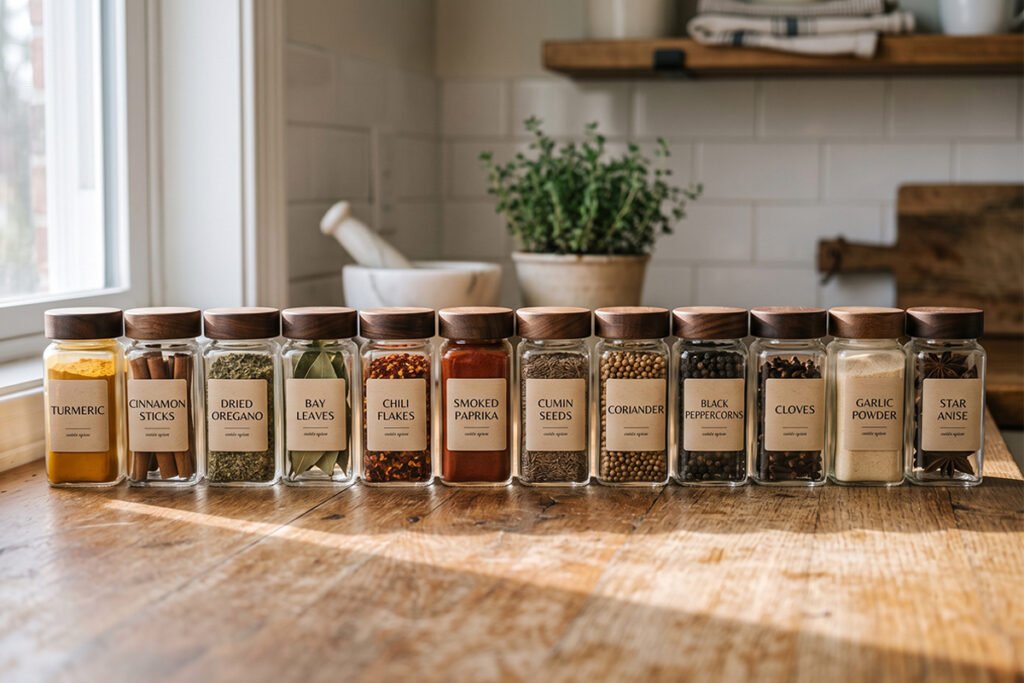 Twelve essential spice containers neatly lined up on a wooden kitchen counter
