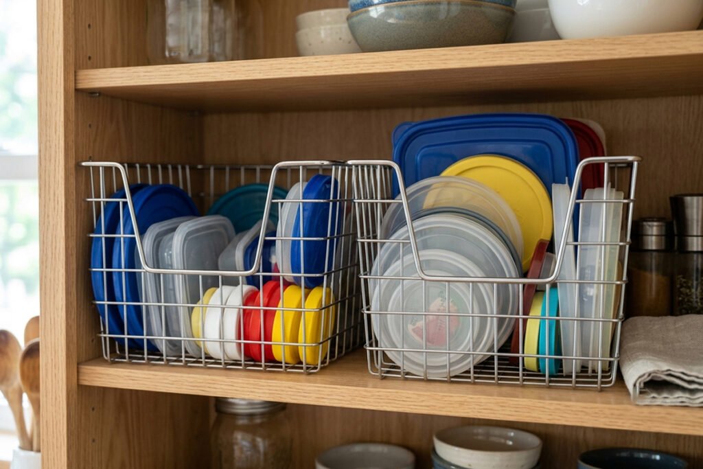 Two magazine holders sitting side-by-side on a cabinet shelf holding plastic lids vertically