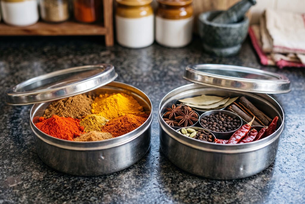 Two side by side masala dabbas one containing ground powders and the other containing whole spices