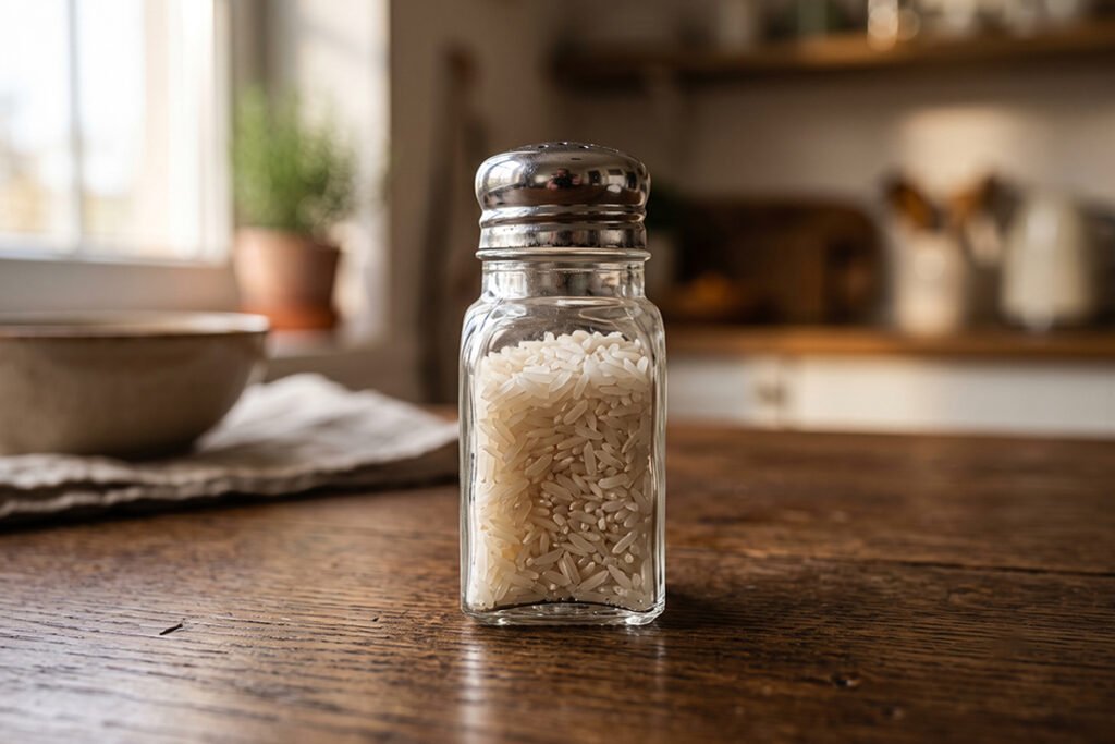 Uncooked white rice grains inside a glass salt shaker to absorb moisture